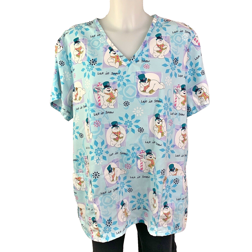 Frosty Snowman Let It Snow Scrub Top XL Women 2 Pocket AOP Medical Cartoon